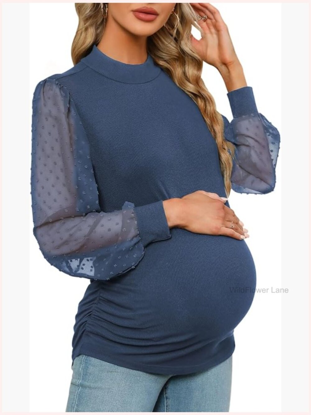 Mock Neck Long Sleeve Ribbed Knit Swiss Dot Maternity Top